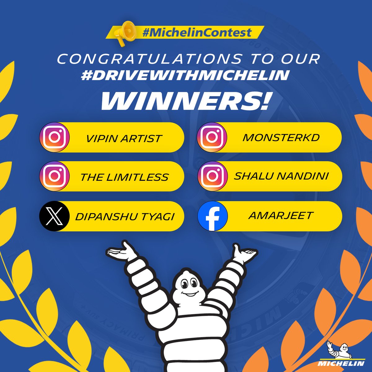 MichelinIndia's tweet photo. ๐ A big round of applause to the winners of our #DriveWithMichelin campaign!
Stay tuned for more thrilling contests ahead. #MichelinContest #MichelinIndia https://t.co/wywzJ1J2qW