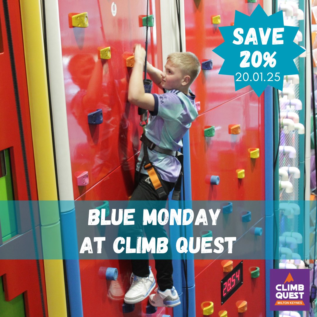 DestinationMK's tweet photo. 💪 GET ACTIVE ON BLUE MONDAY 💪

In support of @BLMKHealthCare, on 20 January, so called 'Blue Monday' @climbquestmk is offering 20% off climbing sessions 2pm-6pm to help people see the benefits of being active physically, mentally and socially 👍💙

More: https://t.co/7iwa7K5lnp https://t.co/omeI8vw4Yr