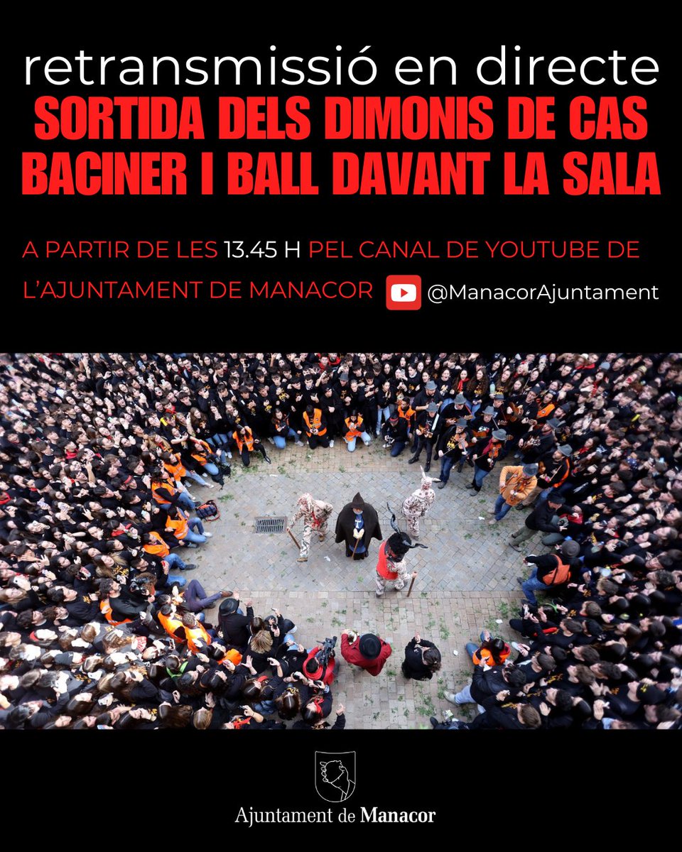 Ajuntament de Manacor (@ajmanacor) on Twitter photo 🔥 Sant Antoni 2025 a Manacor! 🔥
👹Viu la sortida dels dimonis de cas Baciner en directe! 📺🎶 Aquest 16 de gener, connecta't al nostre canal de YouTube per veure la sortida de la colla de cas Baciner i el ball davant la Sala.
youtube.com/@ManacorAjunta…
#SantAntoniManacor 🔥 Sant Antoni 2025 a Manacor! 🔥
👹Viu la sortida dels dimonis de cas Baciner en directe! 📺🎶 Aquest 16 de gener, connecta't al nostre canal de YouTube per veure la sortida de la colla de cas Baciner i el ball davant la Sala.
youtube.com/@ManacorAjunta…
#SantAntoniManacor