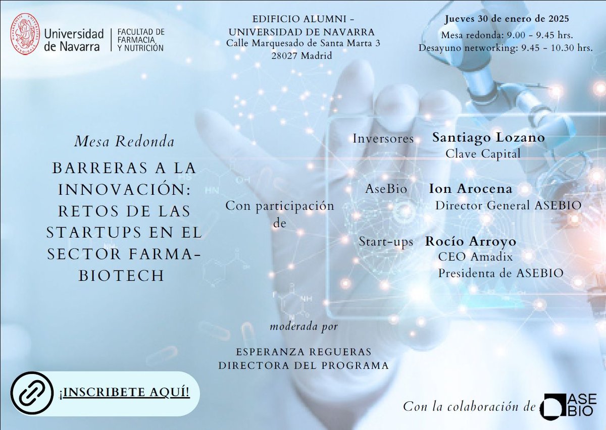 El próximo 30 de enero, la <a href="/unav/">Universidad de Navarra</a> y <a href="/AseBio/">AseBio - Asociación Española de Bioempresas</a> , organizan un desayuno para hablar de los desafíos a los que se enfrentan las startups en el sector Farma. 
Inscripciones y más información en: lnkd.in/eCN-N4_C
#unav #farmaciaunav #startups #innovacion