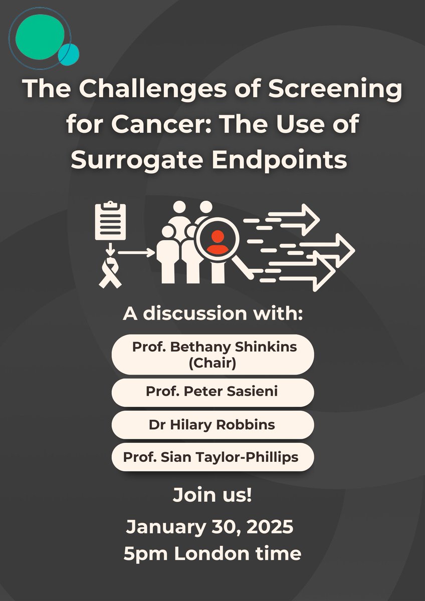 Join Consilium for the first discussion panel of 2025 on Thursday, 30th January with <a href="/CRUKresearch/">Science and Innovation at Cancer Research UK</a>! 

❓The Challenges of Screening for Cancer: The Use of Surrogate Endpoints 

🕔Thursday 30th January, 5pm London Time 

Find out more here: mailchi.mp/consilium-scie…