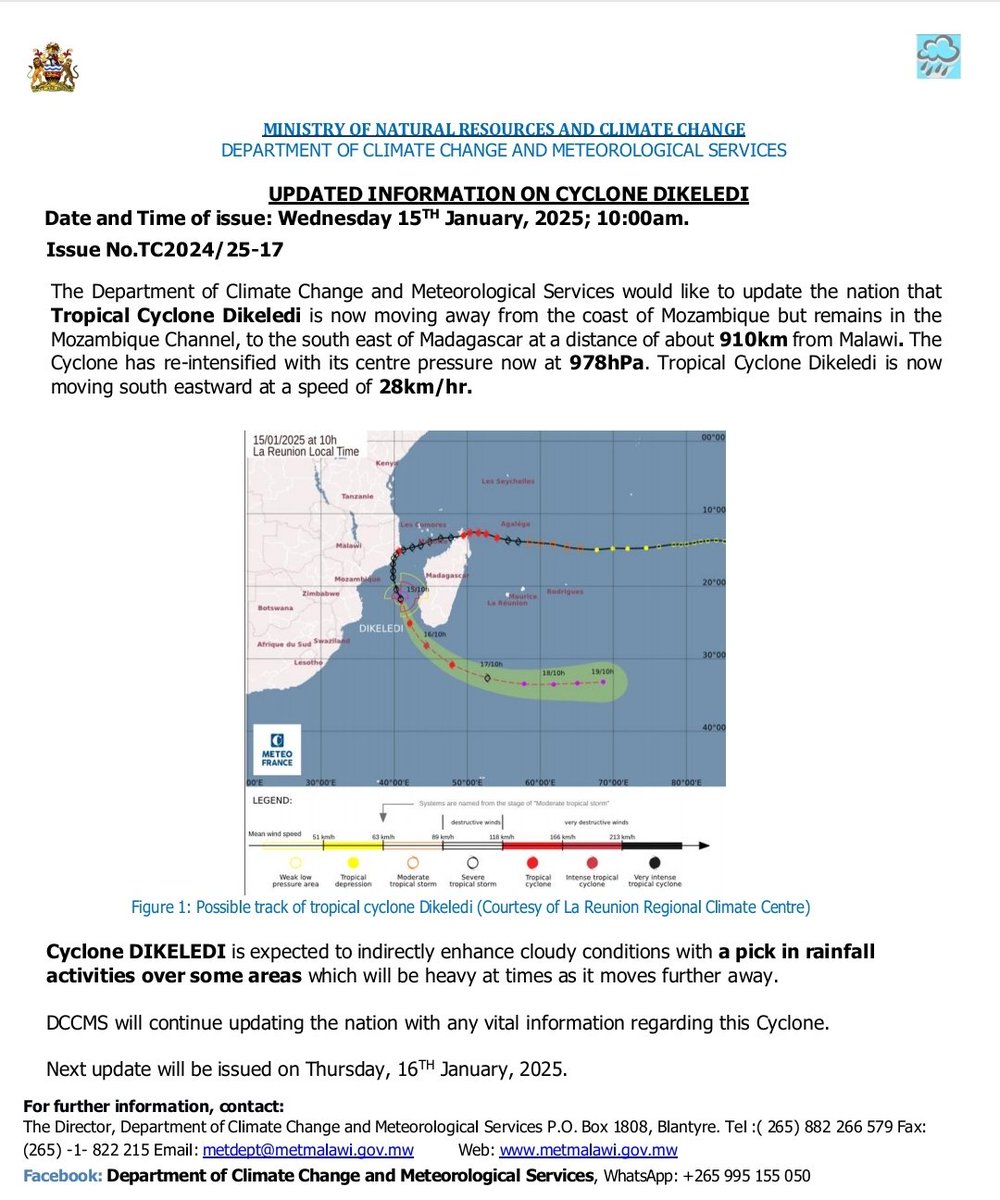 Updated Information on Cyclone Dikeledi as Issued by @DccmsM 15/01/2025