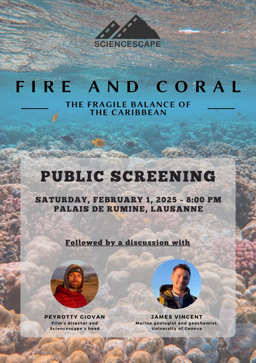 🔔📽️ Join us for the premiere of "Fire and Coral" on Feb 1, 2025, at 8 PM @PalaisDeRumine in Lausanne! 🌋🐠  🎥 Part of "Ciné au Palais" event.  🤝 Meet the director &amp; researcher after the screening. 🍷 Aperitif at 7:15 PM. Free entry! #Documentary #FilmPremiere #CineAuPalais