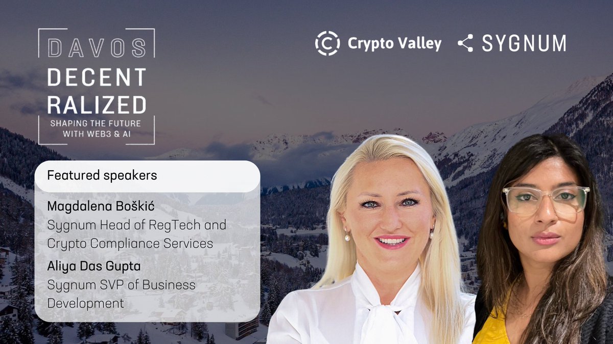 Sygnum Bank (@sygnumofficial) on Twitter photo 🎙️ Sygnum Bank’s Head of RegTech and Crypto Compliance Services, Magdalena Boškić, and Sygnum's SVP of Business Development, <a href="/AliyaDG/">Aliya Das Gupta</a>, will be onstage at Davos Decentralized in Zurich today, 15 January 2025, at 4pm CET.
Magdalena will participate in the panel "Trust and Privacy 🎙️ Sygnum Bank’s Head of RegTech and Crypto Compliance Services, Magdalena Boškić, and Sygnum's SVP of Business Development, <a href="/AliyaDG/">Aliya Das Gupta</a>, will be onstage at Davos Decentralized in Zurich today, 15 January 2025, at 4pm CET.
Magdalena will participate in the panel "Trust and Privacy