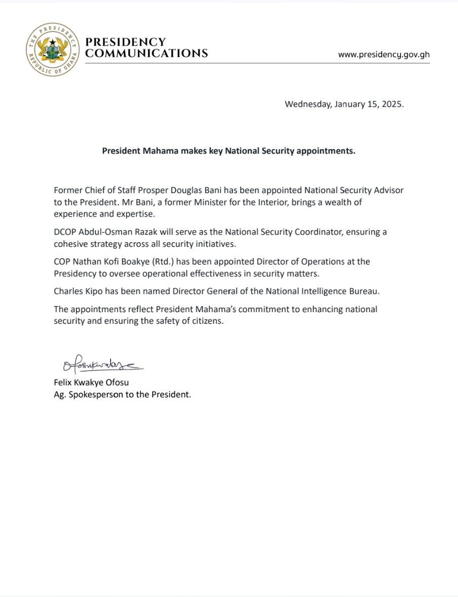 National Security gets major boost as President <a href="/JDMahama/">John Dramani Mahama</a> makes new appointments.