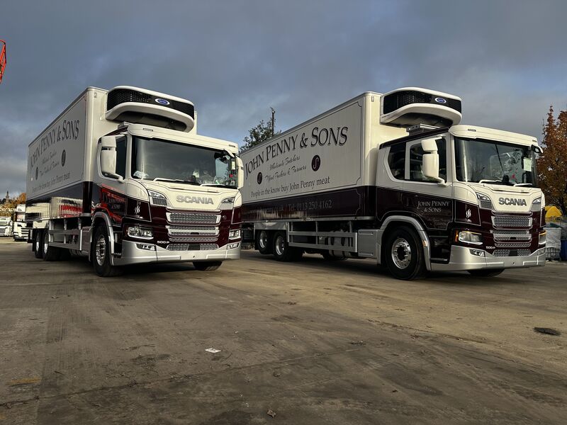 ScaniaUK's tweet photo. We’re excited to showcase the makeover of two Scania 500 P trucks for our valued customer, John Penny.

Shoutout to our Bodyshop team for the exceptional paintwork and to Signshop Sheffield for the sharp and professional livery design and installation.

#Scania500P #ScaniaPSeries https://t.co/5uotZIPRy9