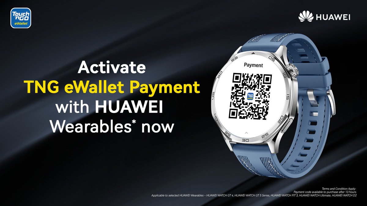 HuaweiMobileMY's tweet image. Activate TNG eWallet on your HUAWEI Wearables* for seamless, secure payments from your smartwatch. Compatible with TNG eWallet App Version 1.8.44 and higher on Android and iOS.

*Supported models: WATCH GT5 Series, WATCH FIT3, WATCH D2, WATCH Ultimate 
#HUAWEIMY #TouchnGo