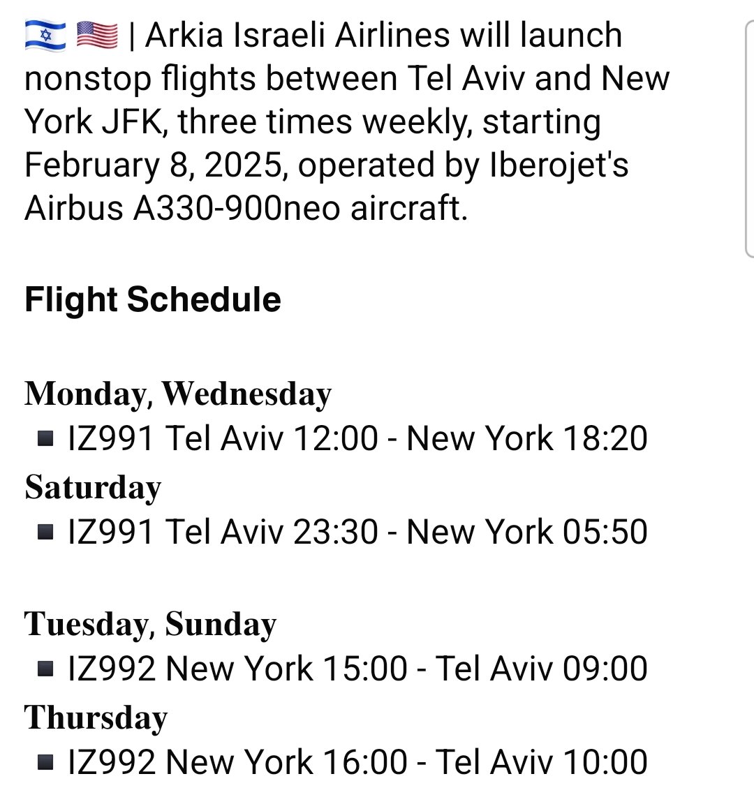 FlightModeblog's tweet image. 🇮🇱 🇺🇲 | #Arkia Israeli Airlines will launch nonstop flights between #TelAviv and #NewYork JFK, three times weekly, starting February 8, 2025, operated by Iberojet's Airbus A330-900neo aircraft.

📷 ©Arkia | 📷 ©Eric Salard
flickr.com/photos/airline…

#Israel #US #aviation #AvGeek