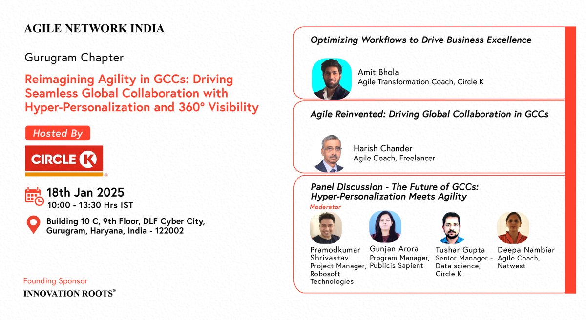 AgileNetwork_in's tweet image. Agile Network India #GurugramChapter | #JanuaryEvent 

Agenda Live!  
Date: 18th Jan, 2025 (Saturday)  
Time: 10:00am to 1:30pm  
Hosted By: Circle K, #Gurugram 

Join us: agilecommunity.org/event-details/… (Free to Participate)