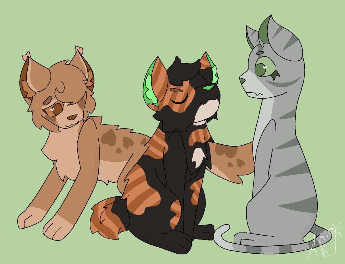 had4hamsters's tweet photo. I know Flipclaw is apparently replacing Shellfur as the bio father of Myrtleblooms kits in TEQ rewrites, but I think it’s fun to say we have our first canon poly relationship. #warriorcats #warriorcatsfanart #Shellfur #Fernstripe #Myrtlebloom https://t.co/TNr1w6z7lJ