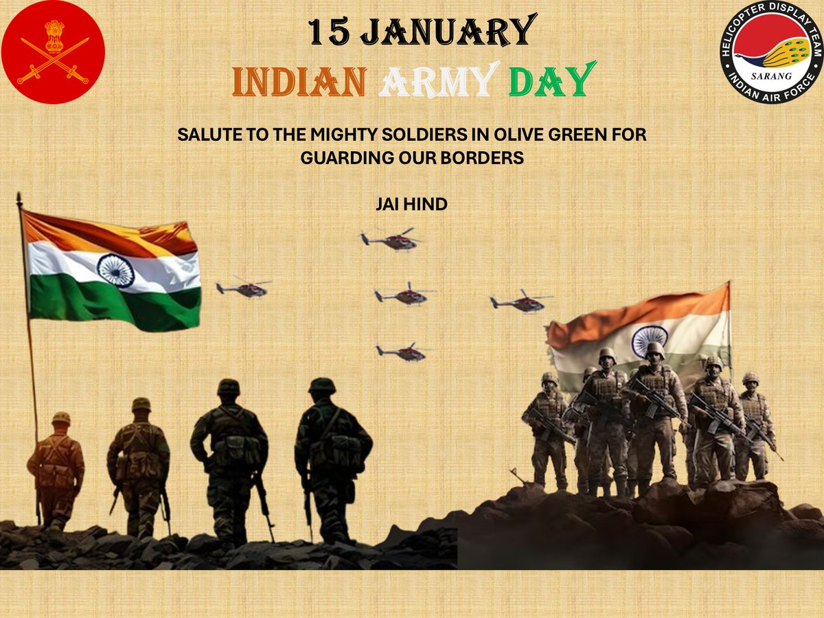 sarang_iaf's tweet image. Salute to the mighty soldiers in Olive Green for guarding our Borders.🫡
Wishing everyone a very happy Indian Army Day. Jai Hind 🇮🇳
