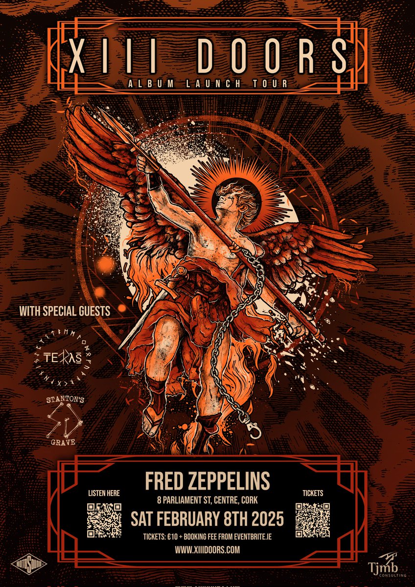 Our next outing is on the 8th of February in Fred Zeppelins for the launch of XIII Doors (hard rock/metal from out west) debut album. Also playing on the night will be Belfast alt-metal group Teras.
This should be a rowdy one 🤘
Tickets available at eventbrite.com/e/xiii-doors-a…