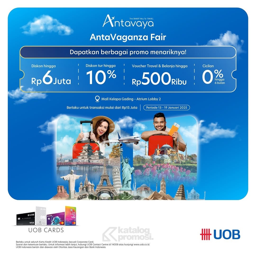 Liburan hemat? 🌟 Yuk, datang ke AntaVaganza Fair di Mall Kelapa Gading, 13–19 Januari 2025! Dapatkan diskon hingga 10%, potongan harga sampai 6 juta, dan cicilan 0%! Plus, ada tiket gratis ke Taipei &amp; travel voucher seru! 😍 Jangan sampai kelewatan, ajak teman &amp; keluarga untuk