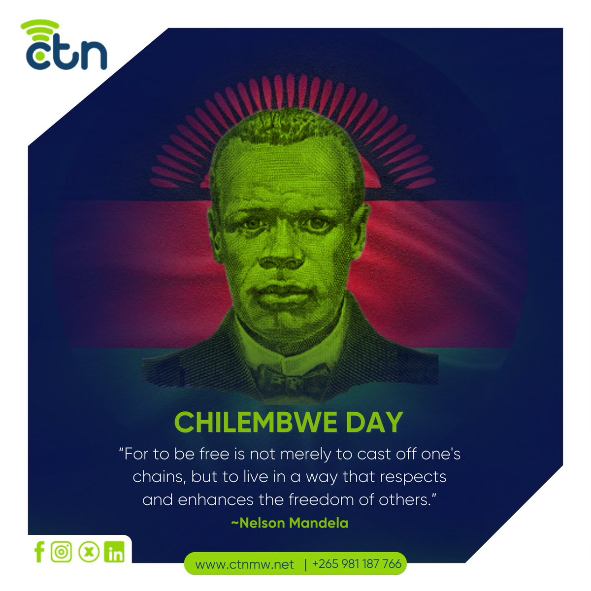 As we celebrate our hero Rev. John Chilembwe, let's honor his legacy of freedom by staying united and empowered. 

At CTN, we carry forward his spirit by keeping you connected to your loved ones and bringing communities together.

Happy Chilembwe Day! 🇲🇼 ✊
#ChilembweDay #CTNMmw