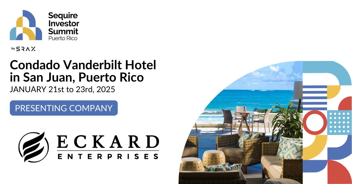 SRAX (@sraxmedia) on Twitter photo Weβre thrilled to announce that Eckard Enterprises <a href="/EckardNews/">Eckard Enterprises</a> will be presenting at the Sequire Investor Summit!
eckardenterprises.com
π
January 21st - 23rd, 2025
π Condado Vanderbilt Hotel, San Juan, Puerto Rico
π puertorico.srax.com Weβre thrilled to announce that Eckard Enterprises <a href="/EckardNews/">Eckard Enterprises</a> will be presenting at the Sequire Investor Summit!
eckardenterprises.com
π
January 21st - 23rd, 2025
π Condado Vanderbilt Hotel, San Juan, Puerto Rico
π puertorico.srax.com