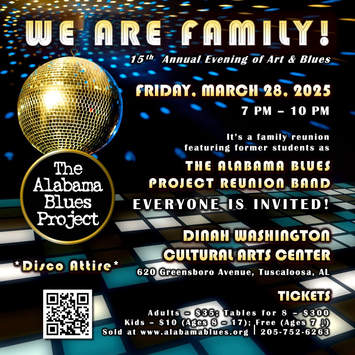 AlaBluesProject's tweet photo. IT’S A FAMILY REUNION! Our 2025 annual fundraiser celebrates our legacy as we showcase former students as the “Alabama Blues Project Reunion Band”.  Everyone’s invited for a disco party March 28th at the Dinah Washington Cultural Arts Center!  Tickets at https://t.co/bioKJiM74i. https://t.co/2weRMpLYit