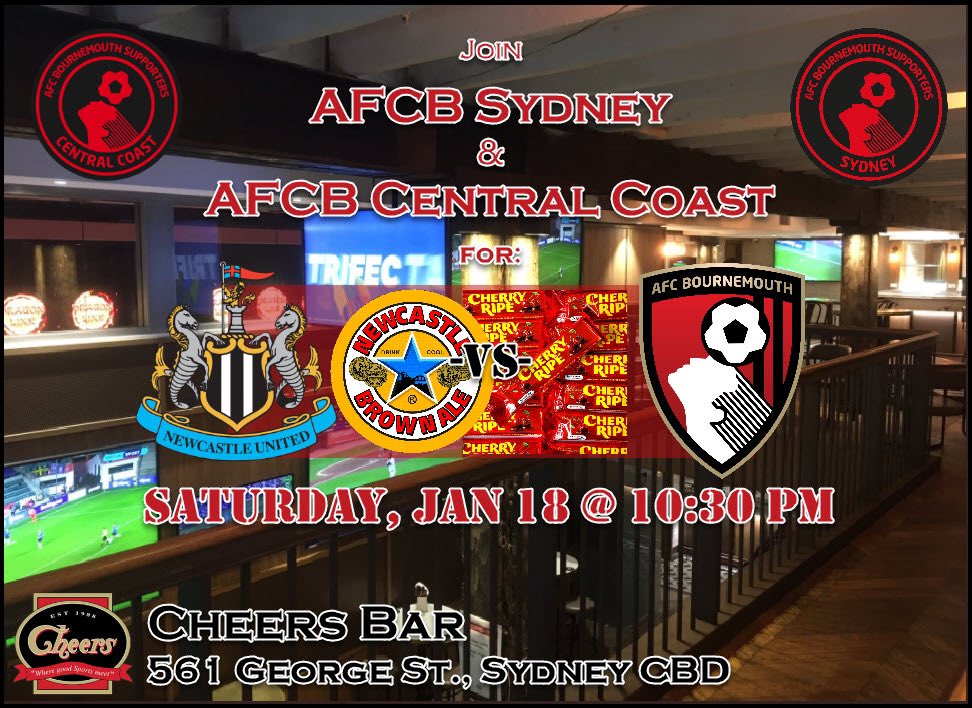 AFCBSydney's tweet photo. It’s ON!!!
Join us and @AFCBCtrlCoast for “Eddie vs Andoni” this
Saturday Jan 18 @ 10:30pm at @CheersSydneyNSW 
#NUFC vs #AFCB https://t.co/v1X4fJ0KTE