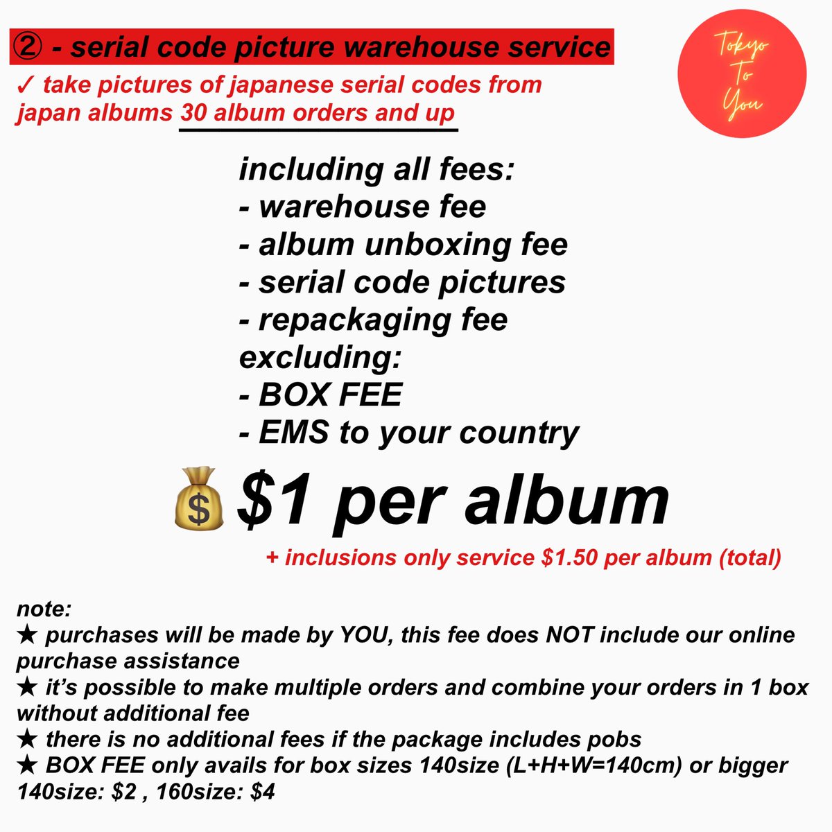 TokyoToYou's tweet photo. JAPAN WAREHOUSE SERVICE FOR K-POP ALBUMS📦🎌

𖤐 inclusions only service
𖤐 serial codes + event application assistance
𖤐 fees including warehouse service, repackaging, etc

check 👇🏻 &amp; notion for details
proofs in instagram @ bio 🙇‍♀️ https://t.co/lYeIzVnxZk