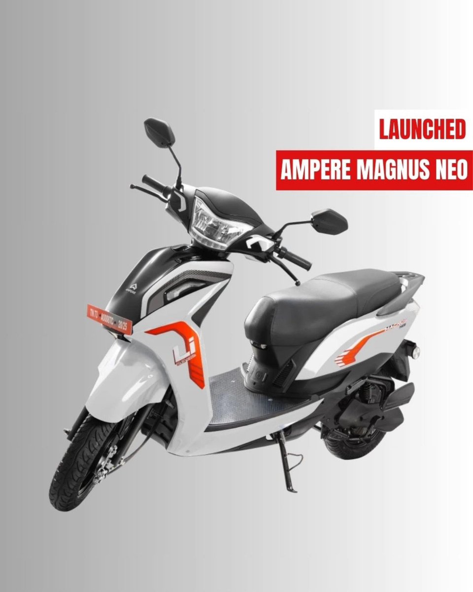 T3Indiamag's tweet photo. Greaves launch the all-new Ampere Magnus Neo at Rs 79,999 (ex-showroom, introductory offer). 

It comes in five dual-tone colours which are Glossy Black, Galactic Grey, Glacial White, Metallic Red and Ocean Blue. Battery with a warranty of 75,000 km. https://t.co/JD7EwpZtCM