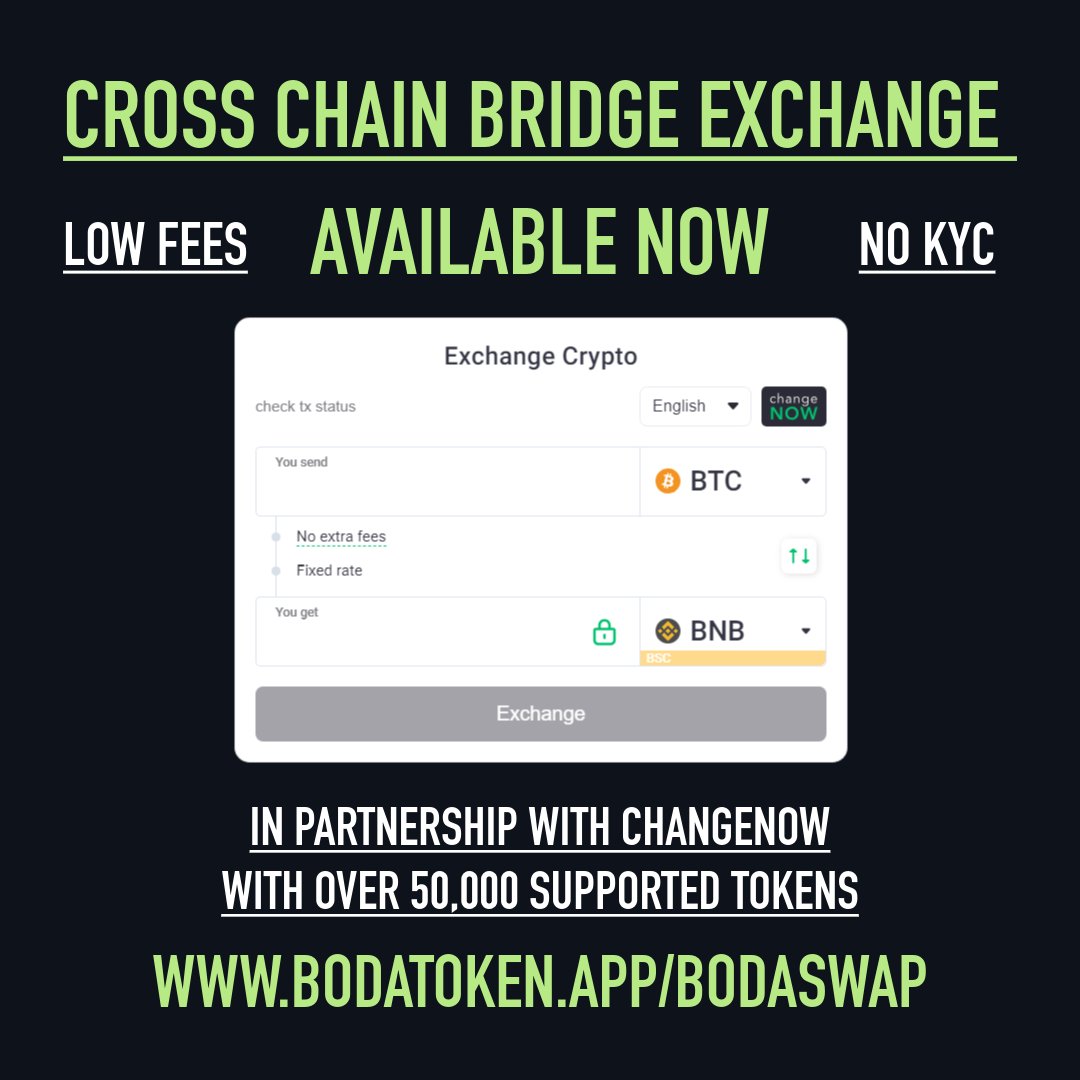 BodaToken's tweet photo. Buy or Sell Bitcoin to various blockchain networks such as BNB (BSC), Ethereum, Tron, Solana, Arbitrum, Polygon and more! Without the need for a KYC ID!

Discover the Cross Chain Bridge Exchange swap underneath our existing BodaSwap.

BODA is proudly partnered with ChangeNow to bring you access to the Cross Chain Bridge Exchange as part of our BodaSwap!

With over 50,000 tokens available on the bridge exchange, you can find just about any mainstream token to swap across different networks.

Visit the link here to use the Bridge Exchange - https://t.co/JH70jkHps0