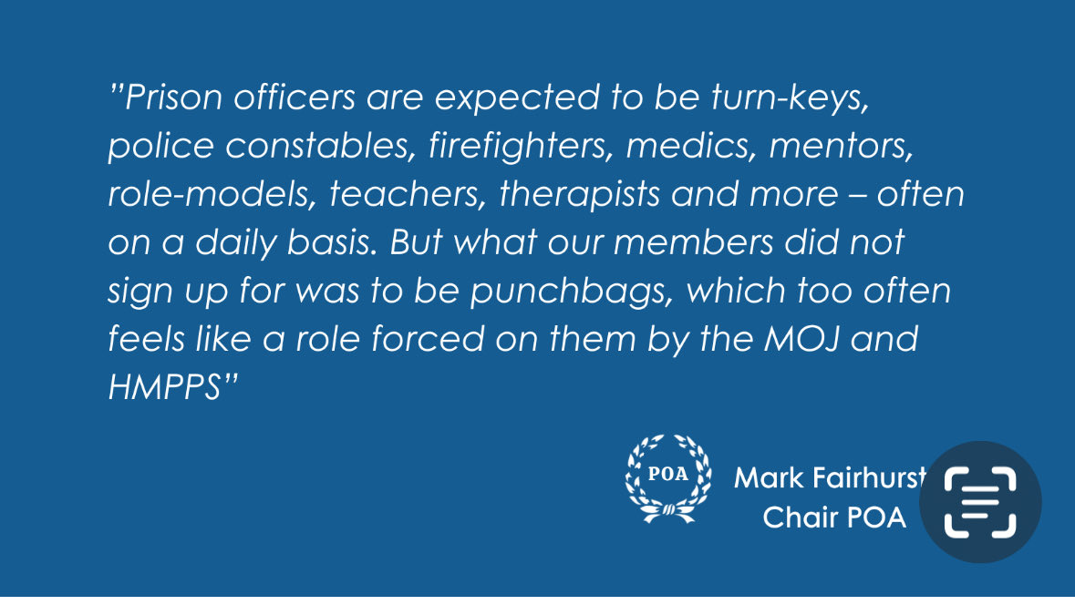 POAnatchair's tweet image. The Ministry of Justice and HMPPS have a duty of care to staff working in the justice system. They must come forward with a clear and urgent plan to address the rates of violence in prisons and the attacks on our members.