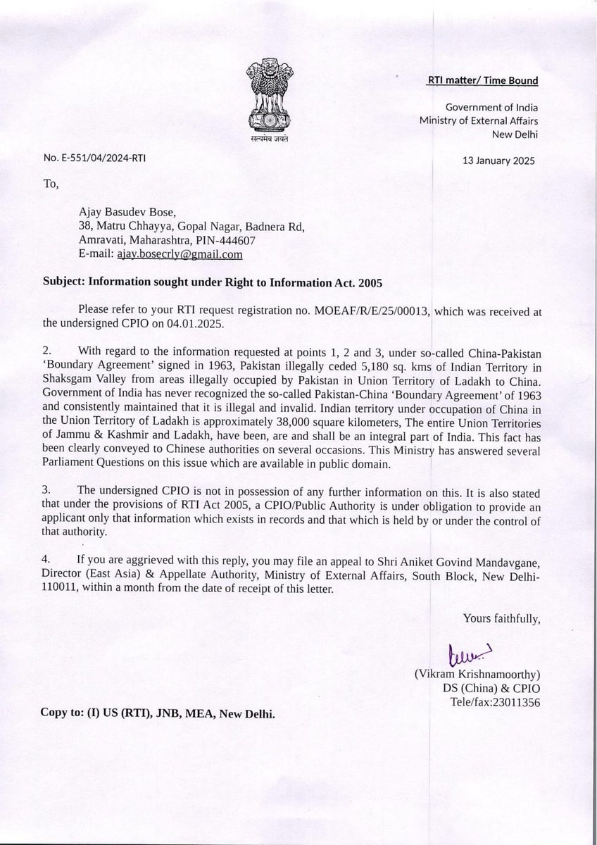 AjayBos93388306's tweet image. I had filed RTI with Ministry of External Affairs GOI seeking information on Chinese Occupation on Indian Territories 
A Shocking reply received states that " Indian Territory under Occupation of China in Union Territory of Ladakh is Approximately 38,000 Sq Kms
@narendramodi