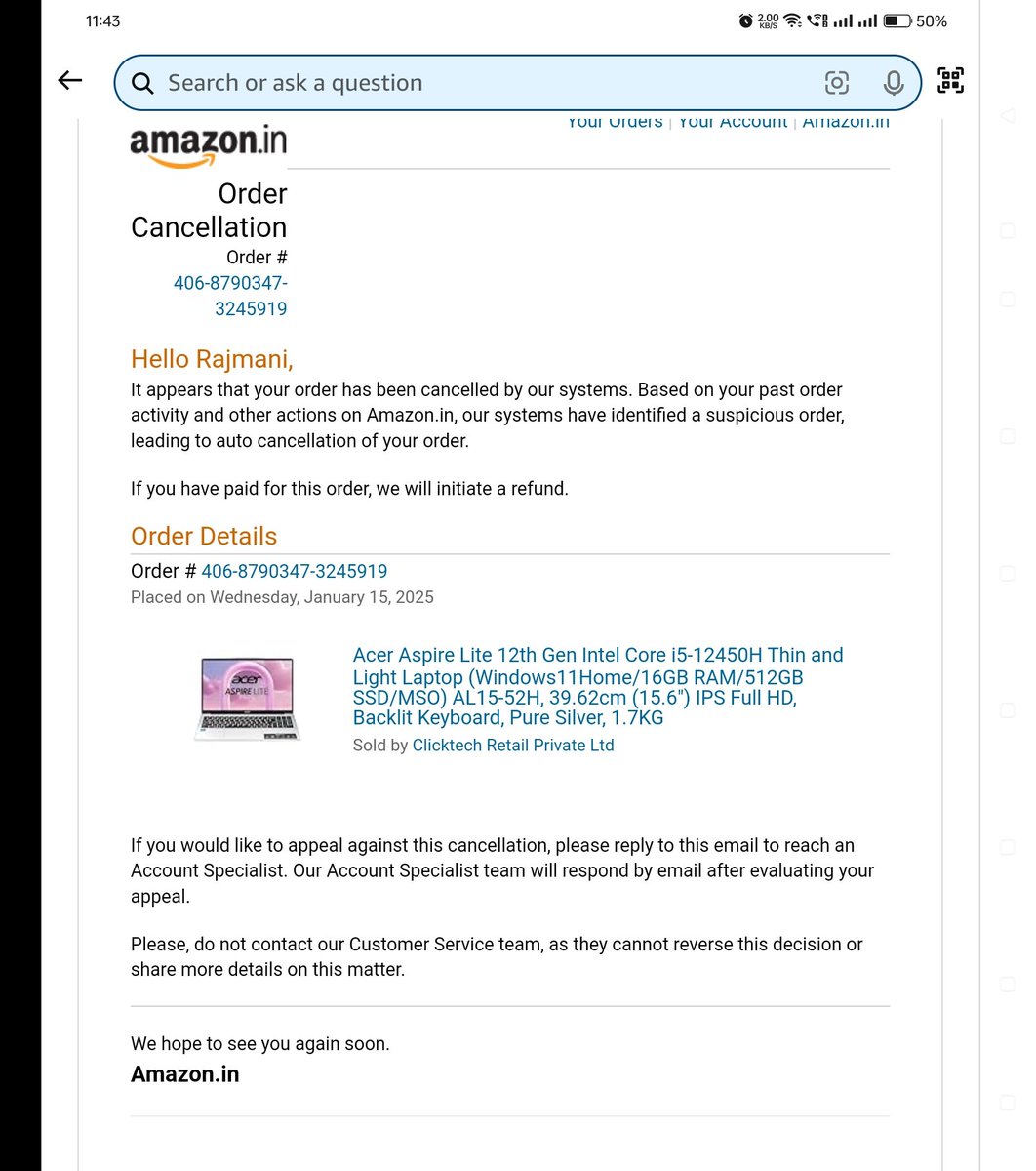 Utkarsh_00001's tweet photo. After being ignored, I created a new account (Order :406-8790347-3245919)and tried again to order the same laptop,Itwas also cancelled,despite it being my first order on that account!Customer service says they can't help and told me to email ateam that doesn't respond.Fixthismess https://t.co/i6RTF4Au3a