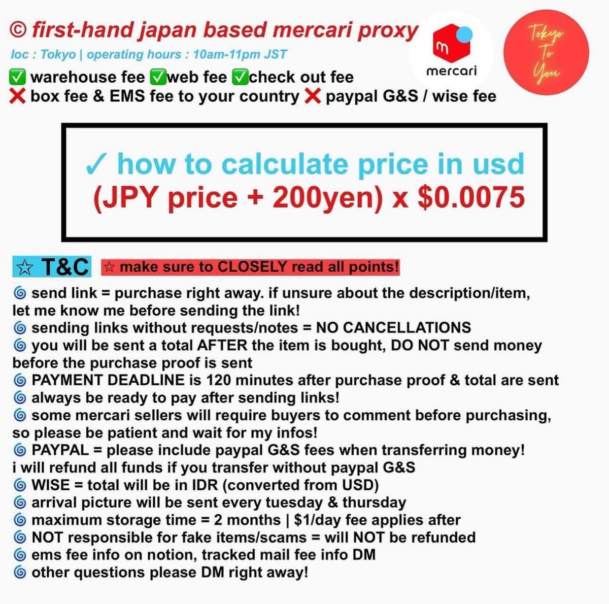 TokyoToYou's tweet photo. MERCARI JAPAN PROXY SERVICE📦🎌

𖤐 secure first pay after
𖤐 fees including warehouse service, repackaging, etc

check 👇🏻 &amp; notion for details
proofs in instagram @ bio 🙇‍♀️ https://t.co/g8d3P6gFFW