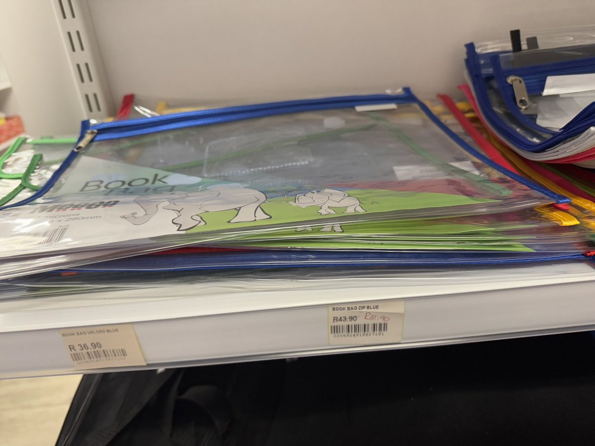 lewisbeat's tweet photo. @TAKEALOT either this is a misprint or you have completely loss the plot. These Meeco book bags selling @ R125 each AFTER discount online. Local stationary stores are selling them under R40 each? https://t.co/LC1dgFQfQC