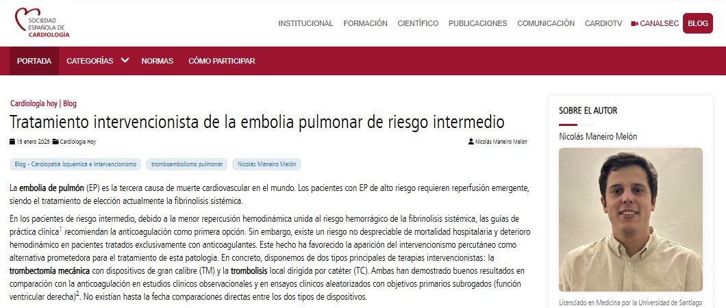 .<a href="/nicolasmmaneiro/">Nicolás Maneiro</a>: “La trombectomía mecánica fue superior a la trombolisis local en pacientes con TEP de riesgo intermedio, asociándose a una menor incidencia de deterioro clínico pero sin encontrarse diferencias en la mortalidad a corto plazo". #BlogSEC <a href="/JovenesSec/">JóvenesSEC</a>