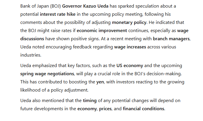 rymondinc's tweet photo. Bloomberg: BOJ Gov Ueda fuels speculation of an interest rate hike, signaling a decision at next week's meeting. Positive wage talks and US economic trends could shape the move.
#BOJ #KazuoUeda #InterestRateHike #Yen #Economy https://t.co/RqscgQj9hI