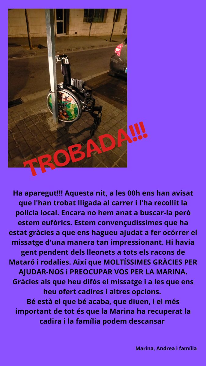 TROBADA!!!! Moltíssimes moltíssimes gràcies a totes les persones que ens heu ajudat. Amb la difusió, amb informació i oferint-nos cadires i altres opcions de suport. A casa estem MOLT contents