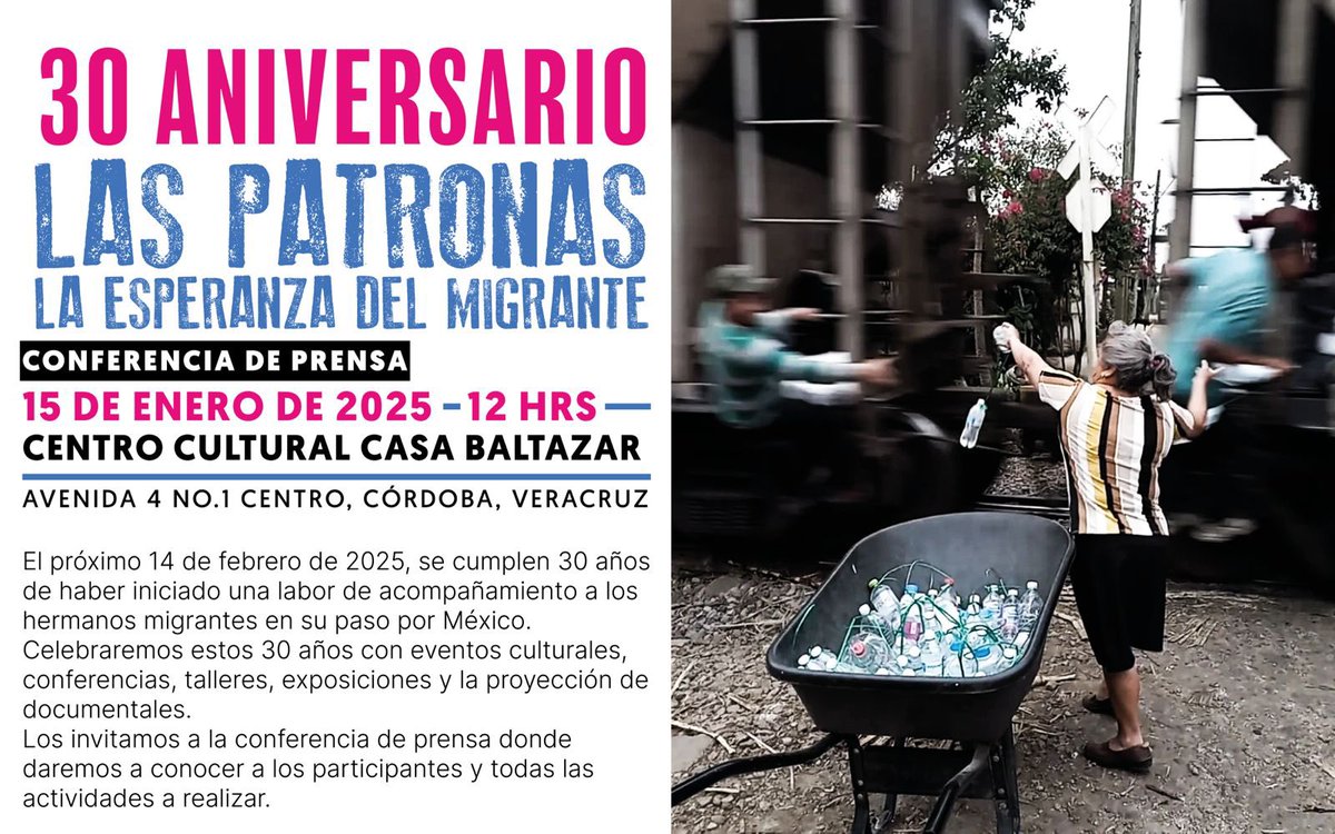 Buen día, los invitamos este miércoles 15 de enero a las 12 hrs, en conferencia de prensa sobre los 30 años de labor al pie de la vía. Los esperamos!
En nuestra mesa, no existen las fronteras.  #LasPatronas 
#esperanzadelmigrante #LasPatronas30años #migrantes