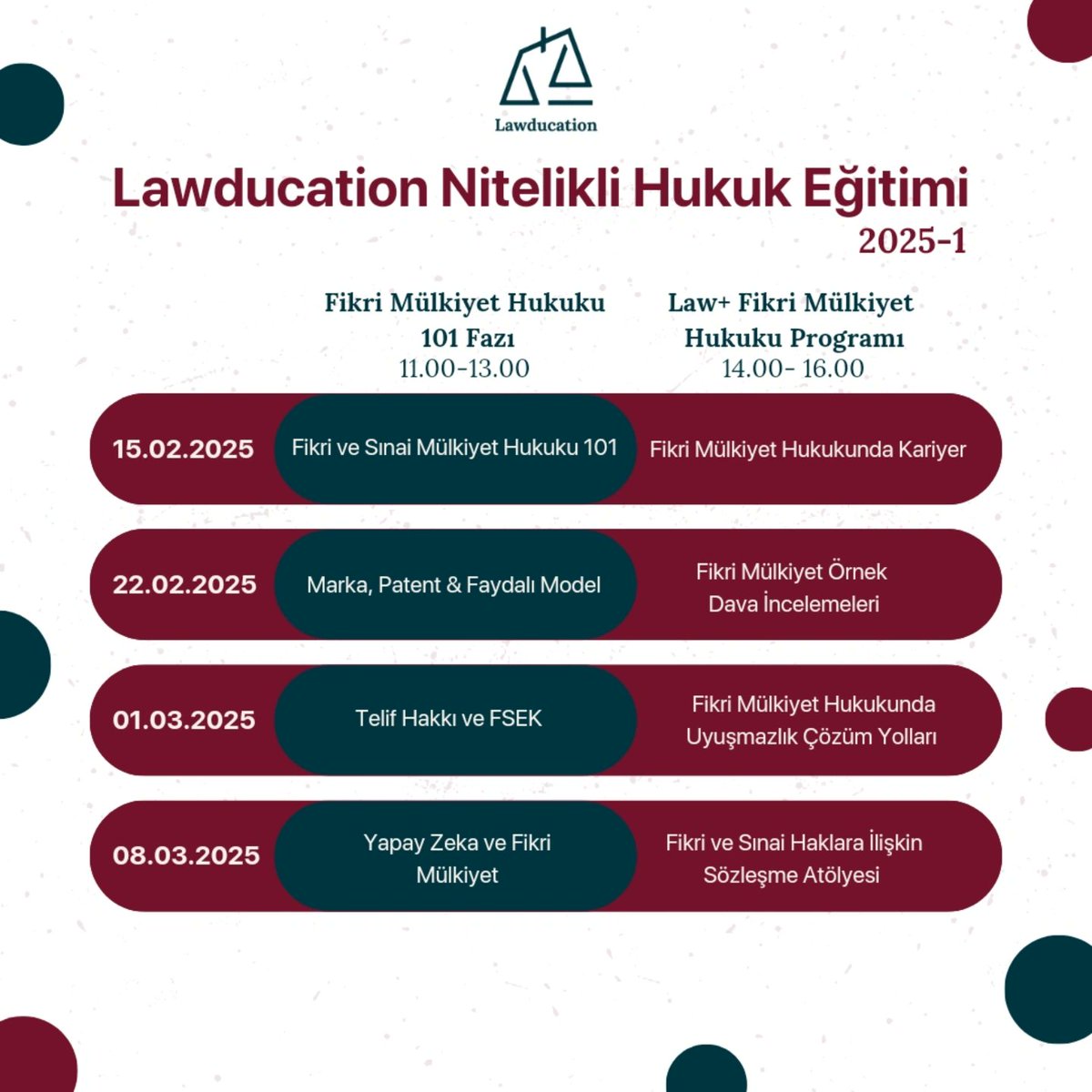 lawducationco's tweet photo. Eğitim takvimimiz sizlerle! 🙌🏻

Başvuru Formu: https://t.co/e35mlHYzcX

#hukuk #egitim #niteliklihukukegitimi #fikrimulkiyet https://t.co/HskHrLQPCE