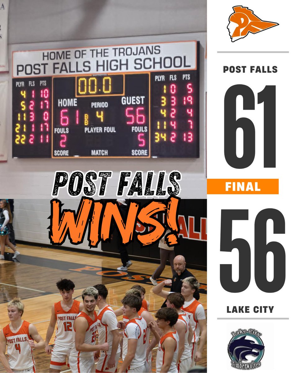 Big Win for the Post Falls Trojans! 

The Trojans came out on top tonight with a huge victory over Lake City! 🏀

#GoTrojans #TrojanPride #HardWorkPaysOff #Victory