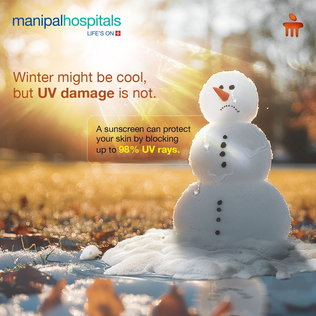 ManipalHealth's tweet photo. Don’t let the chill fool you! Harmful UV rays are active even in winter, causing skin damage and premature aging. Apply sunscreen daily to shield yourself from long-term damage and keep your skin healthy.​​

#ManipalHospitals #YourManipal #LifesOn #Healthcare #Sunscreen #UVdamage #UVrays #Winter