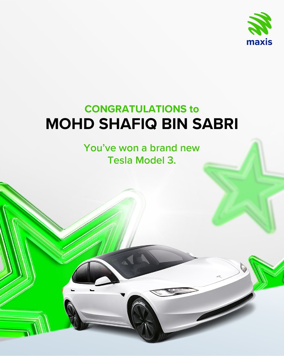 Maxis's tweet photo. ππΌ CONGRATULATIONS WINNERS ππΌ
π Thank you for your participation & submission of entries π Heads up! This is your LAST chance to win incredible prizes, including a #Tesla Model 3! #Maxis5G #MaxisBonanza. More info: https://t.co/cMXzs8BkVr https://t.co/vAUe7GqMb0