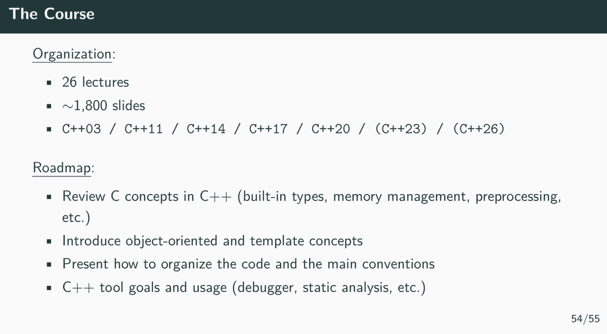 Modern C++ Programming https://t.co/CdCQ3dEoQK 免费公开 C++ 课程,全部幻灯片 PDF 可 ...