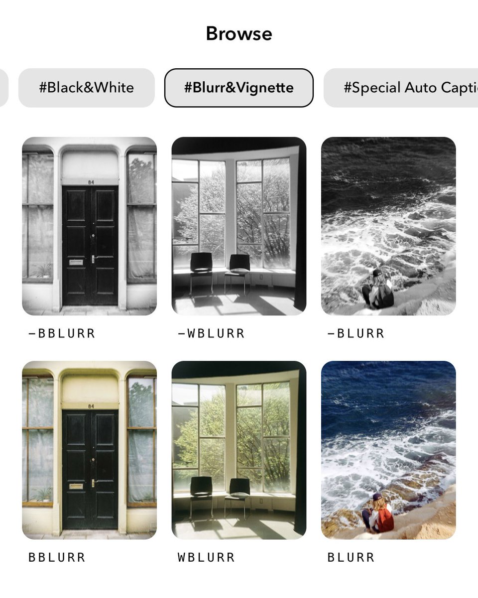 RetricaApp's tweet image. Blurr &amp;amp; Vignette Presets 

Inspired by @tilincuta :
"I love black-and-white photos with blur and vignette effects."

Try '-WBLURR' and explore dreamy presets for perfect textures.

#retrica #presets
