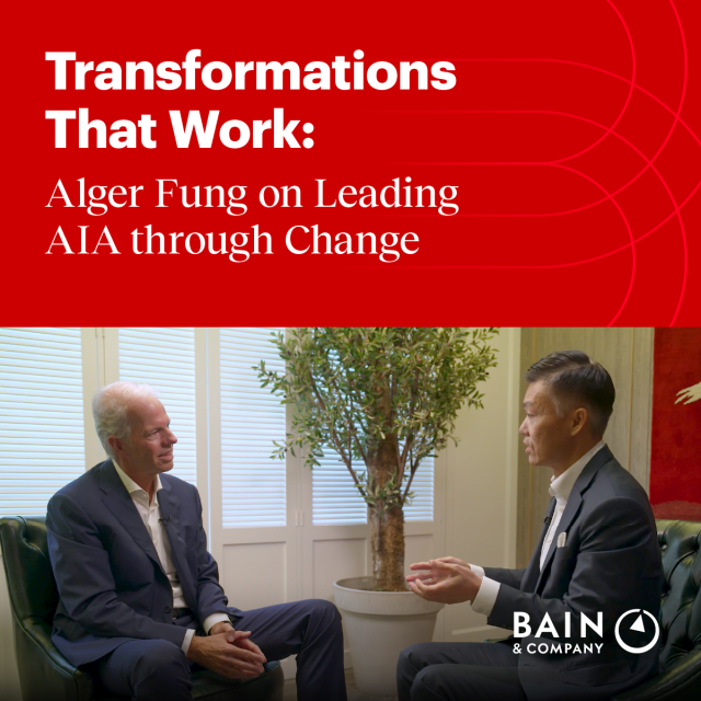 PhilBaecker's tweet photo. Alger Fung, CEO of AIA Hong Kong &amp; Macau, sat down with Bain’s Henrik Naujoks to share his approach to driving continuous transformation. Watch the full conversation here. #TransformationsThatWork https://t.co/uM7wO7rmm9 https://t.co/k23wlcQJIw