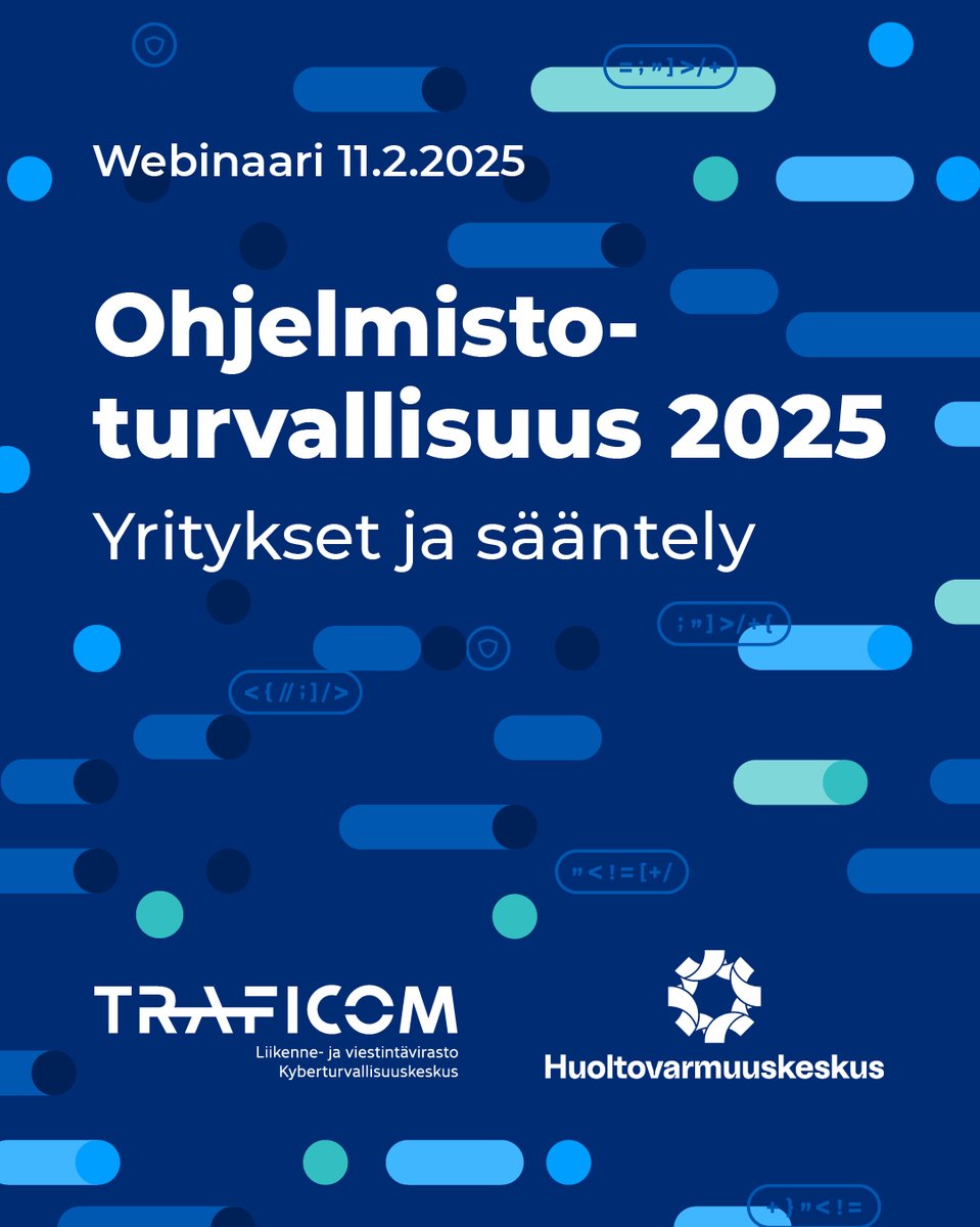 Onko organisaatiosi valmis ohjelmistoalan sääntelyn muutoksiin? Webinaarimme tarjoaa konkreettisia työkaluja CRA:han valmistautumiseen. 

📆 Ti 11.2. klo 13.00–16.30

Ilmoittaudu mukaan!
🔗 traficom.fi/fi/ajankohtais…

#tietoturva #kyberturvallisuus