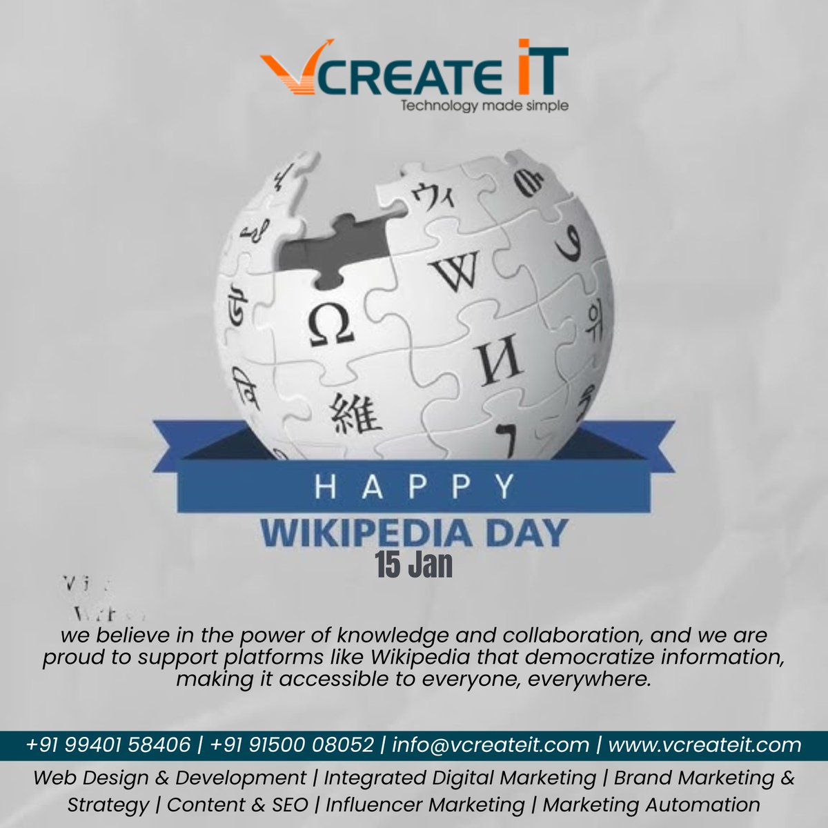 vcreate_it's tweet photo. Lets celebrate the power of knowledge and the collaborative spirit that drives one of the world's largest knowledge repositories. 
#WikipediaDay #KnowledgeSharing #OpenSource #DigitalLearning #TechForGood #EmpowerThroughKnowledge #DigitalIndia #VCreateIT https://t.co/tpQNnrqfZZ