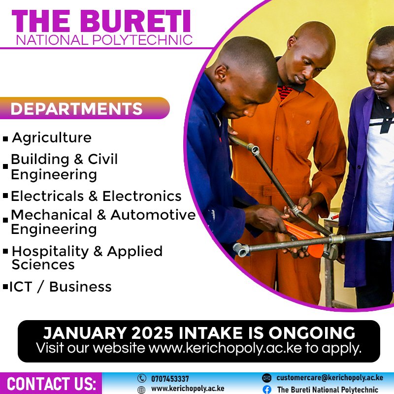 TheKerichoPoly's tweet photo. Check out our Departments in the Poster below. Remember from each department, we offer several courses you can choose from. For more information, visit our website https://t.co/hTDzV88pOm and apply for the ongoing January intake 2025. https://t.co/Fsd9LA3aOd