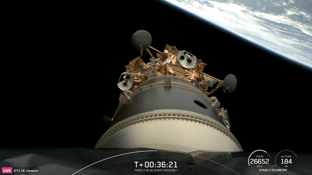 Blue Ghost is still enjoying its scenic ride with <a href="/SpaceX/">SpaceX</a>. About 20 minutes until launch vehicle seperation! #BGM1