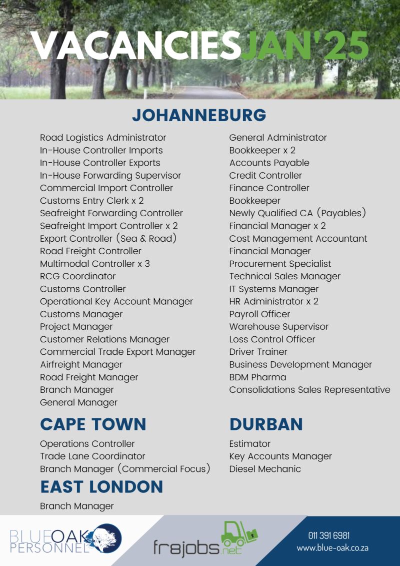 RMakukuli's tweet photo. Blue Oak Personnel is back in full swing with exciting opportunities in C&amp;F, W&amp;D, Commercial Logistics, and Finance. 

Send your application to info@blue-oak.co.za or apply through our website at https://t.co/kfMjsv574v. https://t.co/fUTgftTb6u