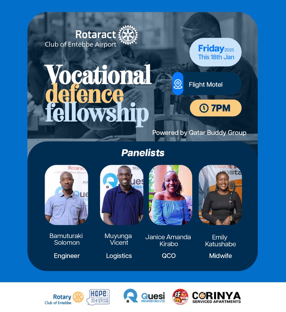 ROTARACT ENTEBBE AIRPORT-THE PILOTS โโโ - RID9214 (@rctebb) on Twitter photo Dear Friends of the Pilots ๐ฎ๐ปโโ๏ธ๐ฎ๐ปโโ๏ธ๐ฎ
We're excited to invite you to our Vocational Defense fellowship.
Join us for an evening of learning, sharing, and networking with fellow professionals from diverse backgrounds.
Date: January 18th 2025
Time: 7pm
Venue:Flight Motel Entebbe Dear Friends of the Pilots ๐ฎ๐ปโโ๏ธ๐ฎ๐ปโโ๏ธ๐ฎ
We're excited to invite you to our Vocational Defense fellowship.
Join us for an evening of learning, sharing, and networking with fellow professionals from diverse backgrounds.
Date: January 18th 2025
Time: 7pm
Venue:Flight Motel Entebbe