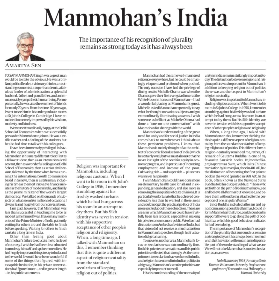 RahulSeeker's tweet image. Nobel Laureate Amartya Sen pays tribute to another genius of his time #DrManmohanSingh
Give a read folks &amp;amp; also share so that others also see &quot;Manmohan&apos;s India&quot; through Sen&apos;s lens.🩷

Btw do you know Prof Sen was ousted from the Nalanda Uni board in 2016? This happened after the…