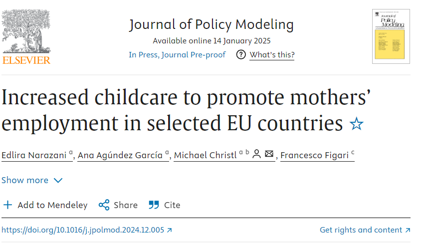 🚨Publication alert 🚨
Our paper "Increased childcare to promote mothers’ employment in selected EU countries" with E. Narazani,
<a href="/anagundez/">Ana Agúndez</a> and <a href="/FrancescoFigari/">Francesco Figari</a> is now out in the Journal of Policy Modeling. #econtwitter
<a href="/EU_ScienceHub/">EU_ScienceHub</a>

sciencedirect.com/science/articl…