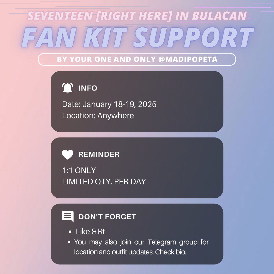 seventeen right here in bulacan ⋆⁺₊.⋆
 𐙚⋆.˚ fan support by your one and only @madipopeta

𝙡𝙞𝙢𝙞𝙩𝙚𝙙 𝙦𝙩𝙮 ⭑.ᐟ
🗓 Jan 18-19, 2025
📌  PH Sports Stadium
🖇️ like &amp; rt (read deets below)

#SVT_RIGHT_HERE_IN_BULACAN 
#SEVENTEEN_RIGHT_HERE_IN_BULACAN