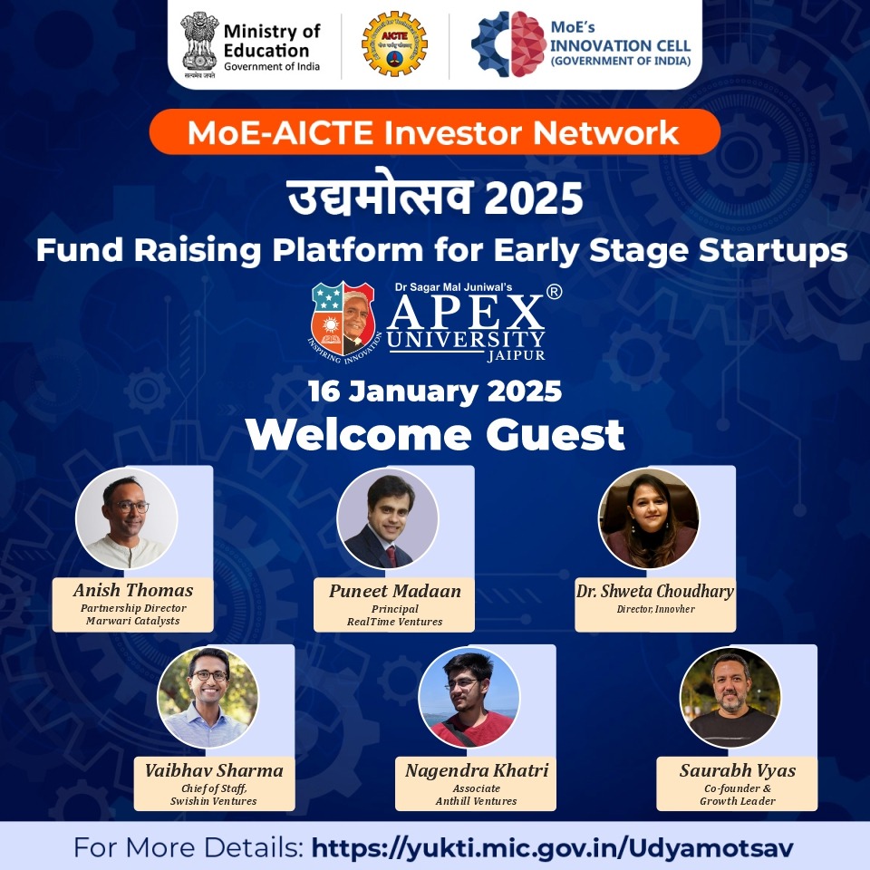 Be inspired by stories of innovation and resilience at Udyamotsav -2025, proudly organized by Ministry of Education innovation cell, AICTE and Apex University. Experience the power of transformative ideas. #EmpoweringEntrepreneurs #SuccessWithApexuniversity